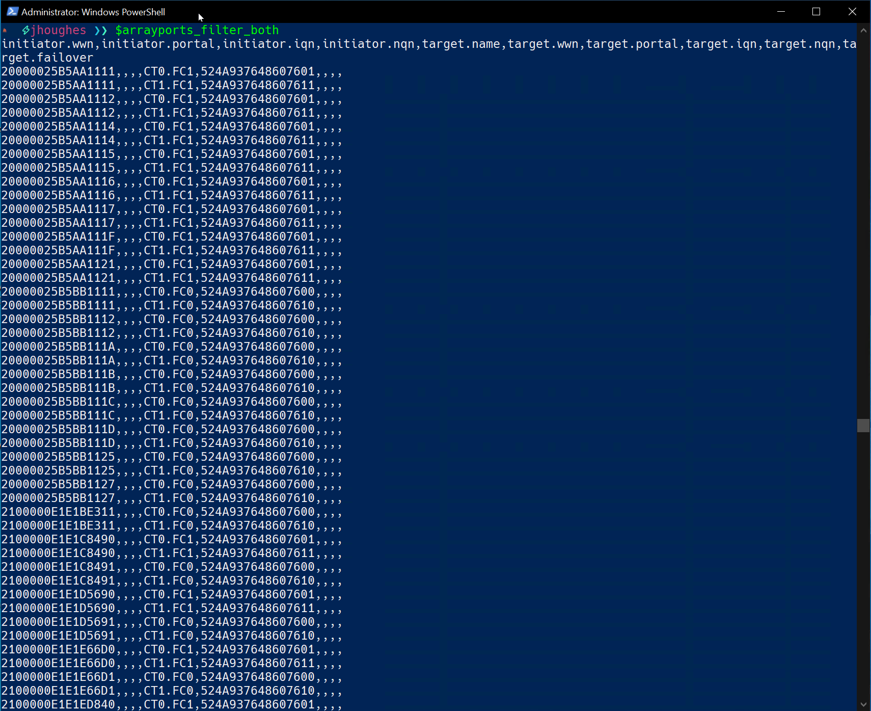 pureport list –initiator –csv –raw –filter ‘initiator.wwn and target.wwn’