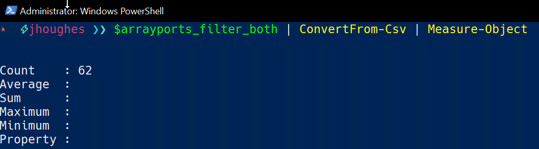pureport list –initiator –csv –raw –filter ‘initiator.wwn and target.wwn’ | Measure-Object