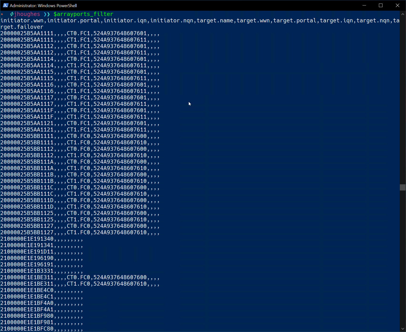 pureport list –initiator –csv –raw –filter ‘initiator.wwn’